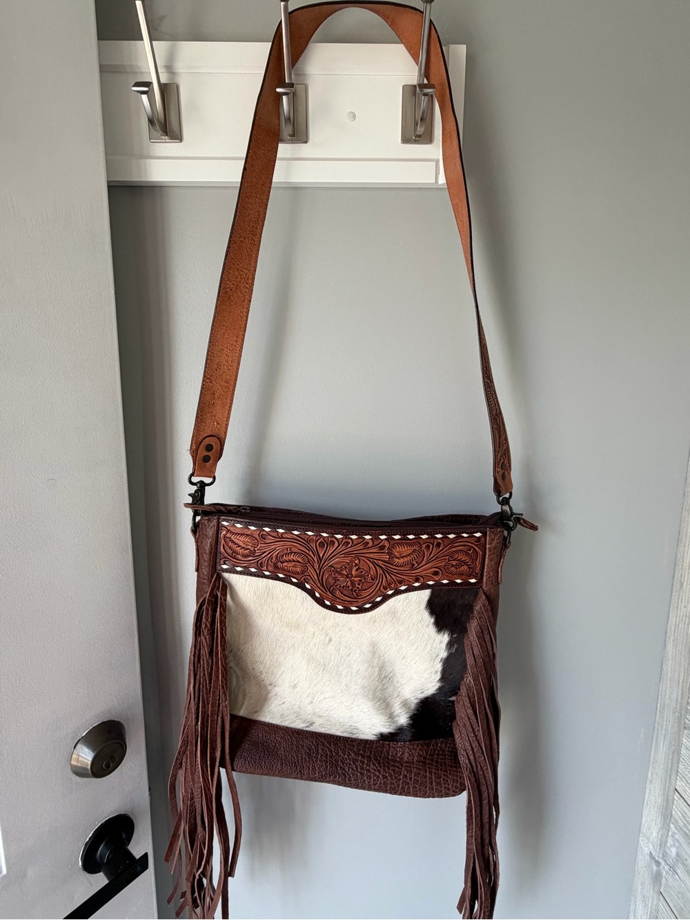 American Darling Brown Leather Fringe Crossbody with Black and White Haircalf